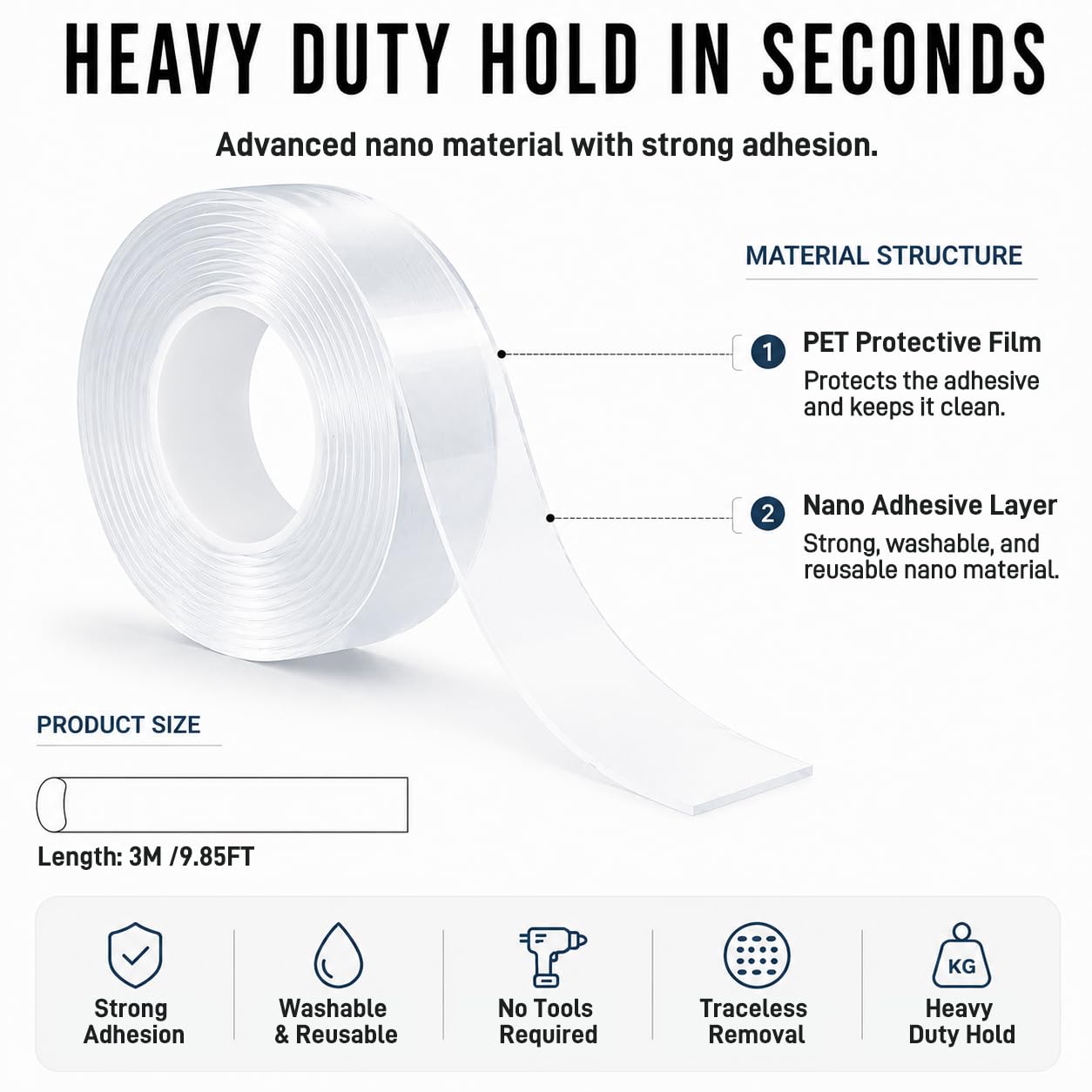 Heavy-Duty Double-Sided Nano Tape – 1/2 Inch × 10 Feet